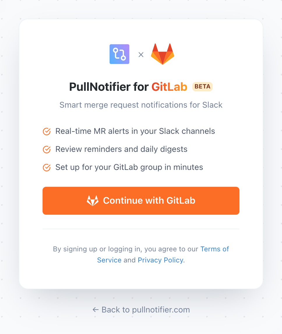 PullNotifier GitLab login screen with a Continue with GitLab button