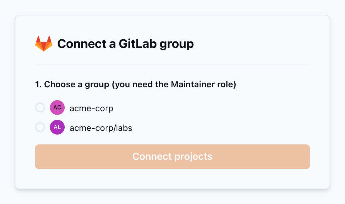 Group picker listing the GitLab groups where the user is a Maintainer