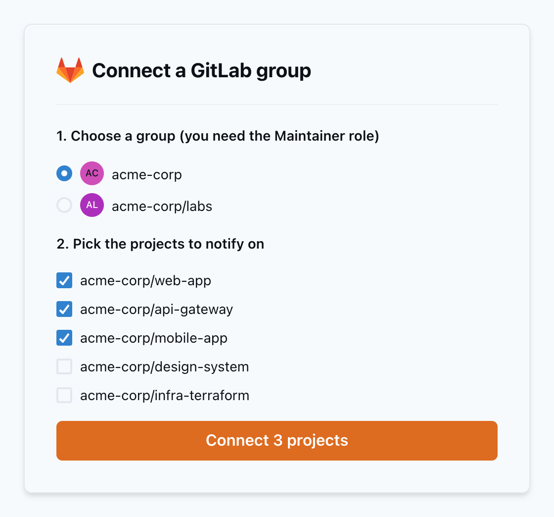 Project picker with several GitLab projects selected
