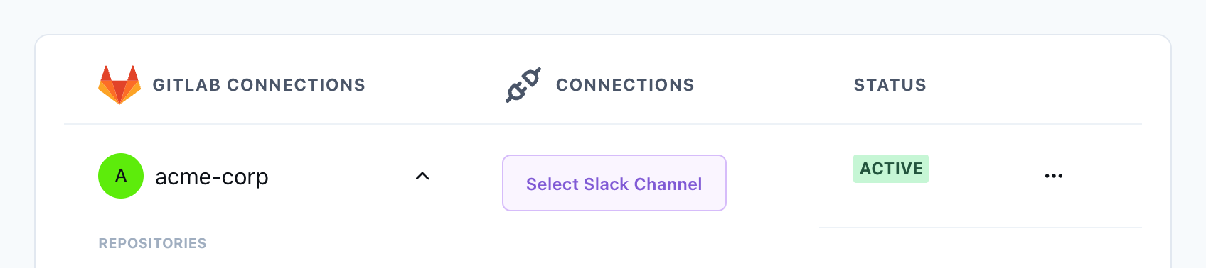 Dashboard showing a connected GitLab group with a Select Slack Channel button
