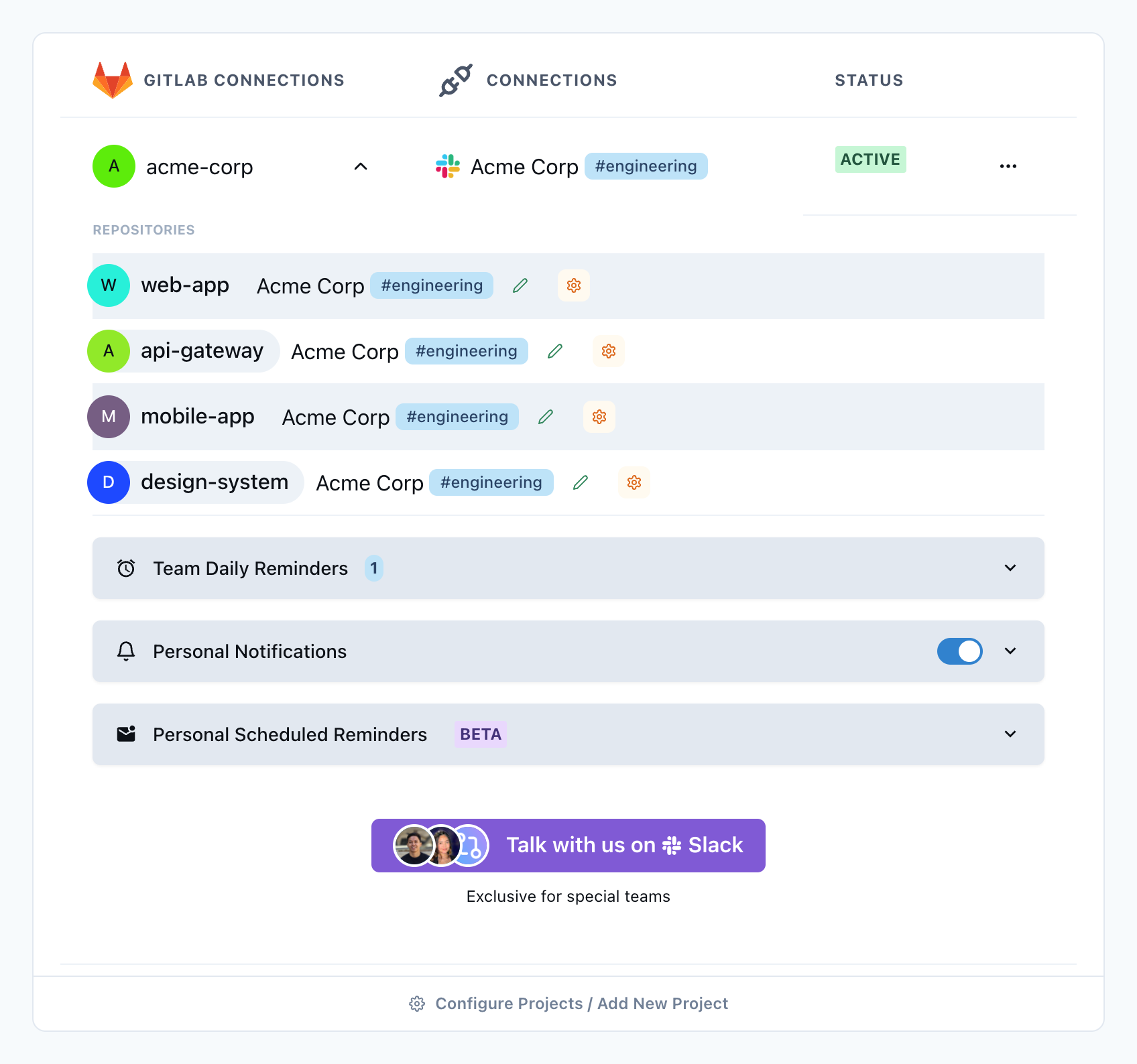 PullNotifier dashboard with a GitLab group connected to a Slack channel