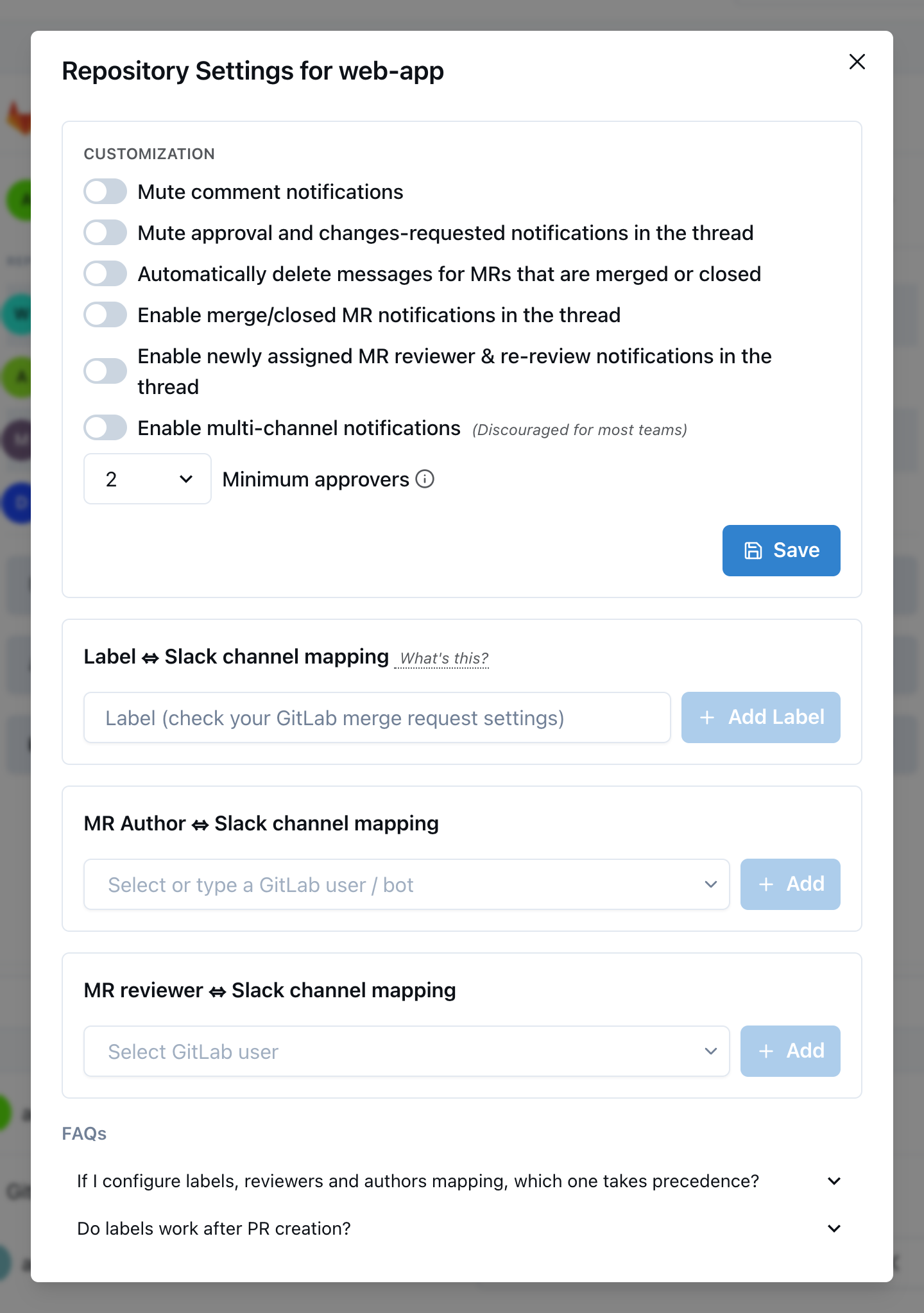 Project settings modal with notification toggles and channel mapping options