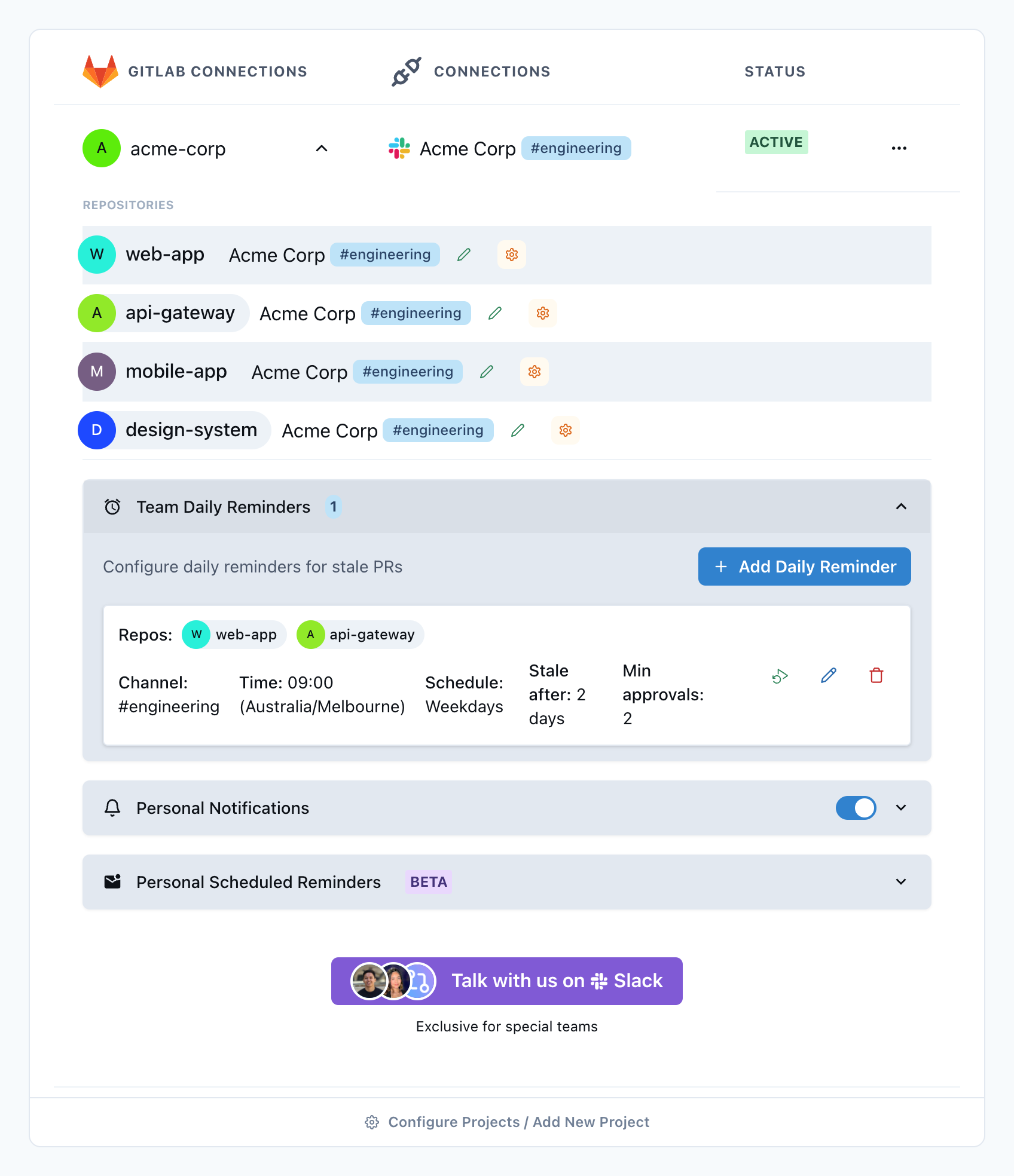 Team Daily Reminders panel showing a configured weekday digest