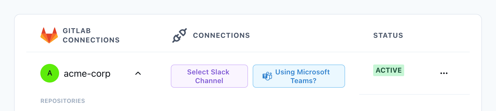 Dashboard row offering a Using Microsoft Teams? switch next to Select Slack Channel