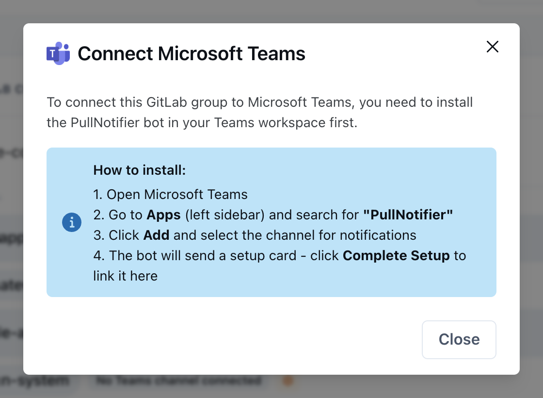 Connect Microsoft Teams dialog listing the four bot installation steps