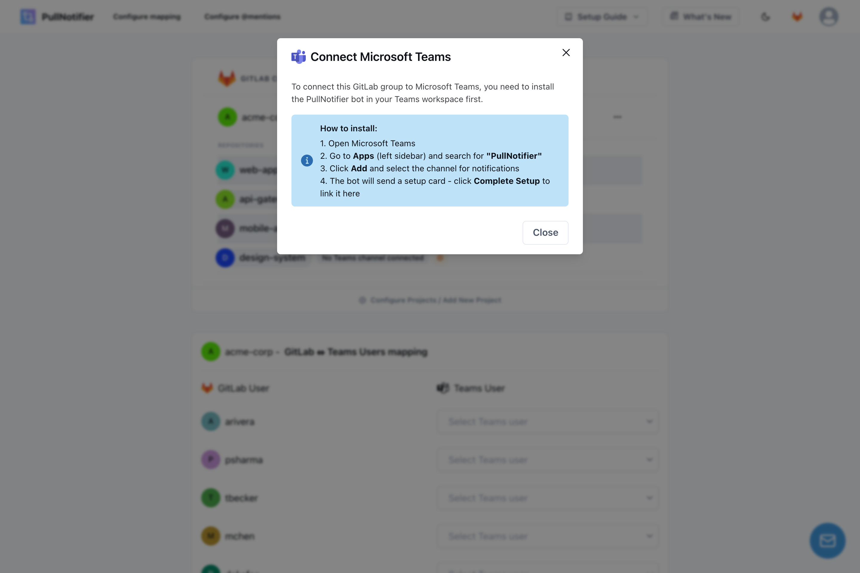 Connecting a GitLab group to a Microsoft Teams channel in PullNotifier