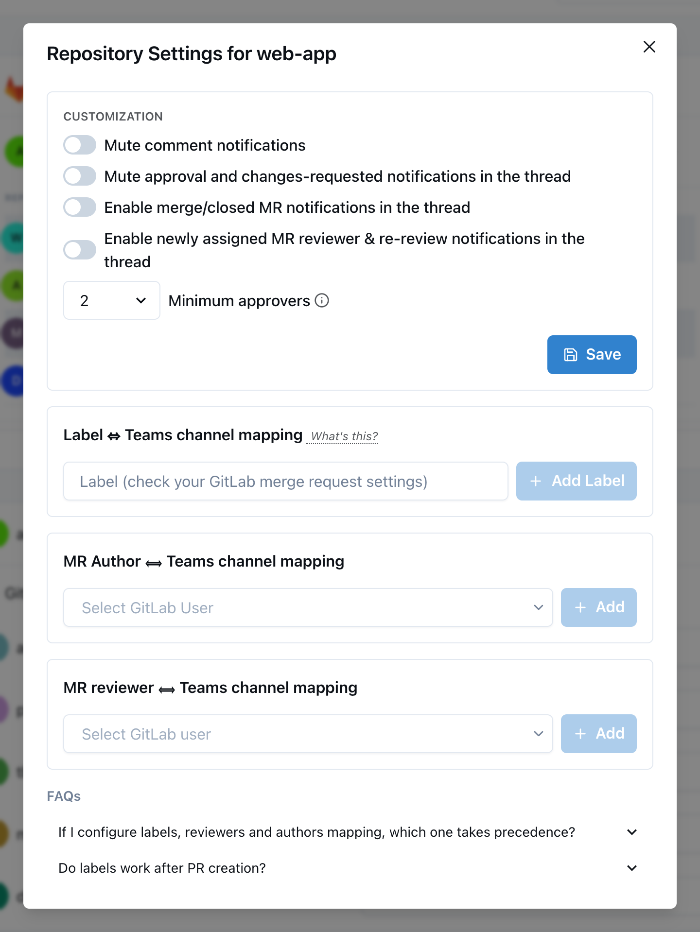 Project settings modal with notification toggles and Teams channel mapping options