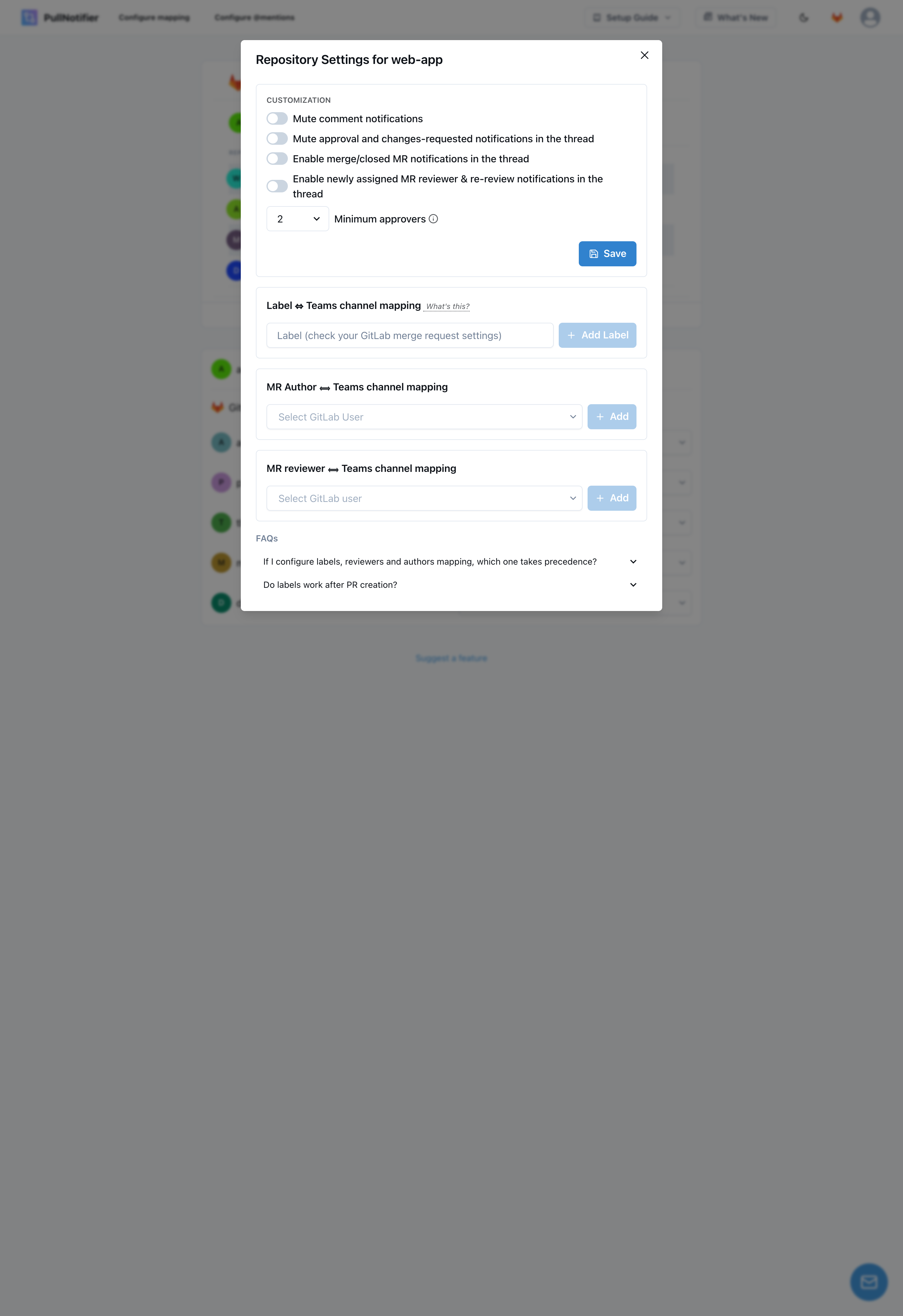 Per-project notification rules for a GitLab project in PullNotifier