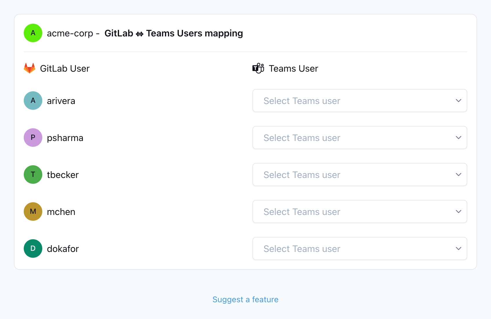 GitLab to Microsoft Teams user mapping screen